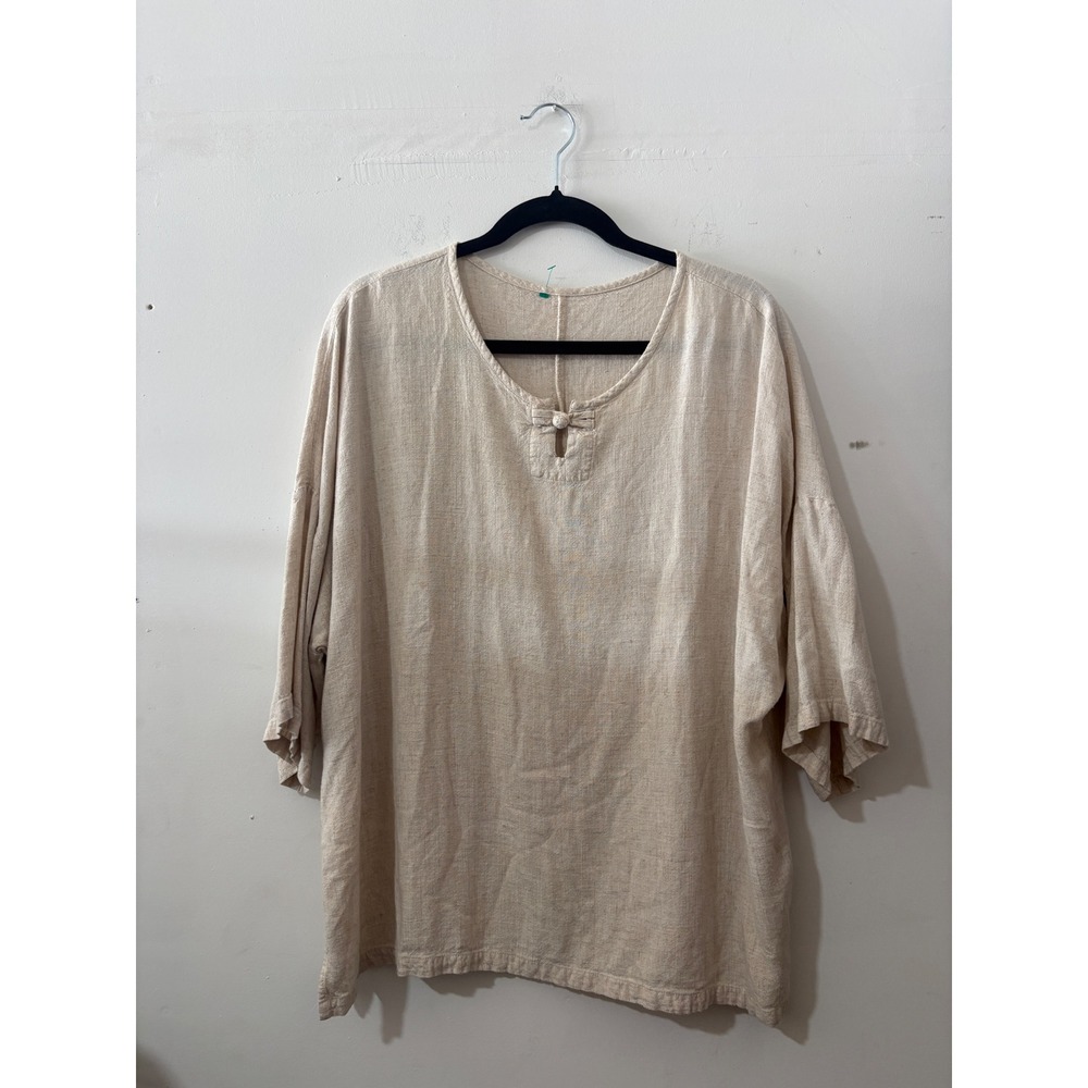 Minibee Linen Cotton Blend Oversized Tunic Top Beige Frog Button Keyhole Blouse - Picture 3 of 9